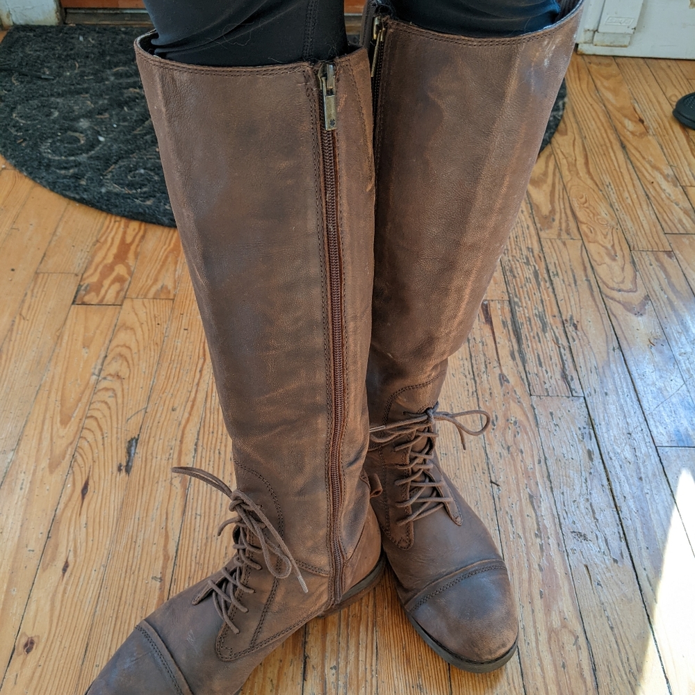 Lucky brand tall brown boots with faux front laces